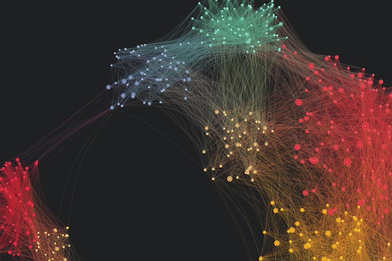 Abstract visualisation of data network through connective lines in shades of reds, yellows, and blues.